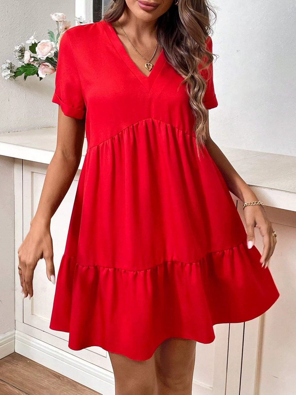 ZARA Red Resort Loose Short Sleeve Dress Full Skirt Small Collar